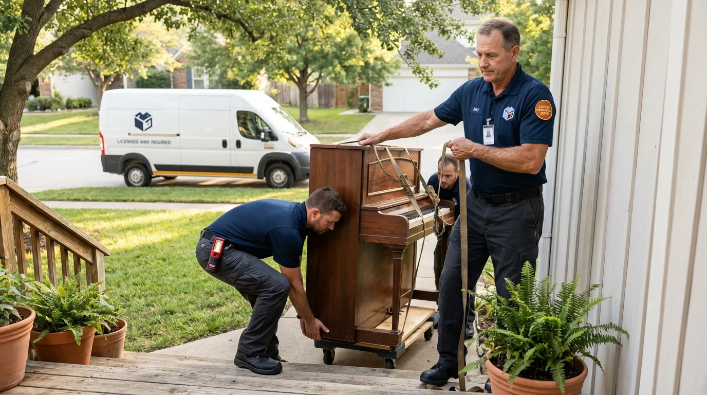 Licensed piano movers securing grand piano in Kent, CT