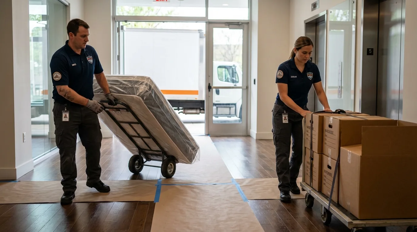 Professional apartment movers loading elevator in Kent, CT